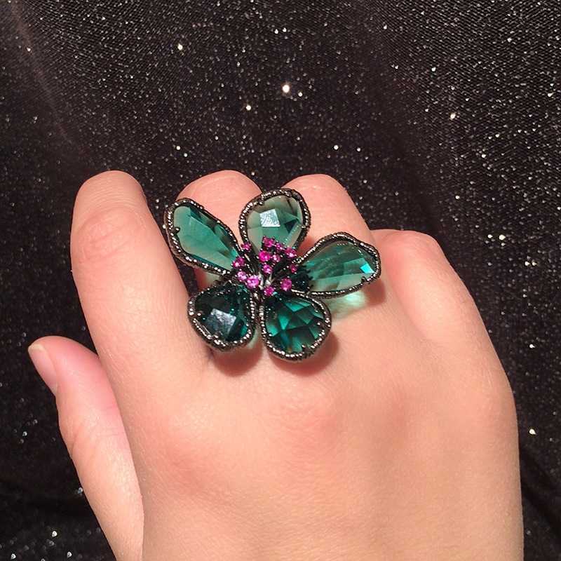 1pc Exaggerated Crystal Flower Ring For Women, Stylish Open Ring, Unique Design Trend Index Finger Ring