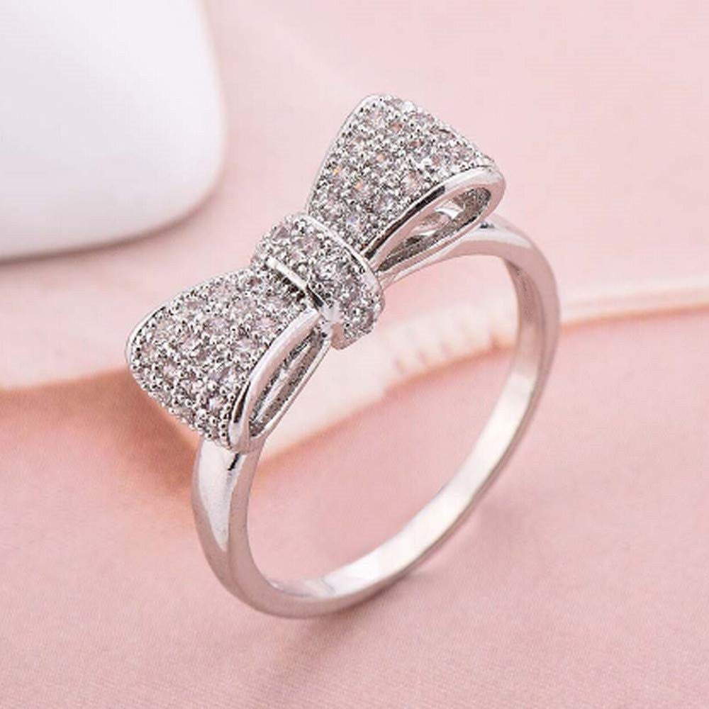 Japanese and Korean Fashion Bow Ring Women's Ins Style Simple Zircon Love Ring Jewelry Accessories Cross-border Explosions