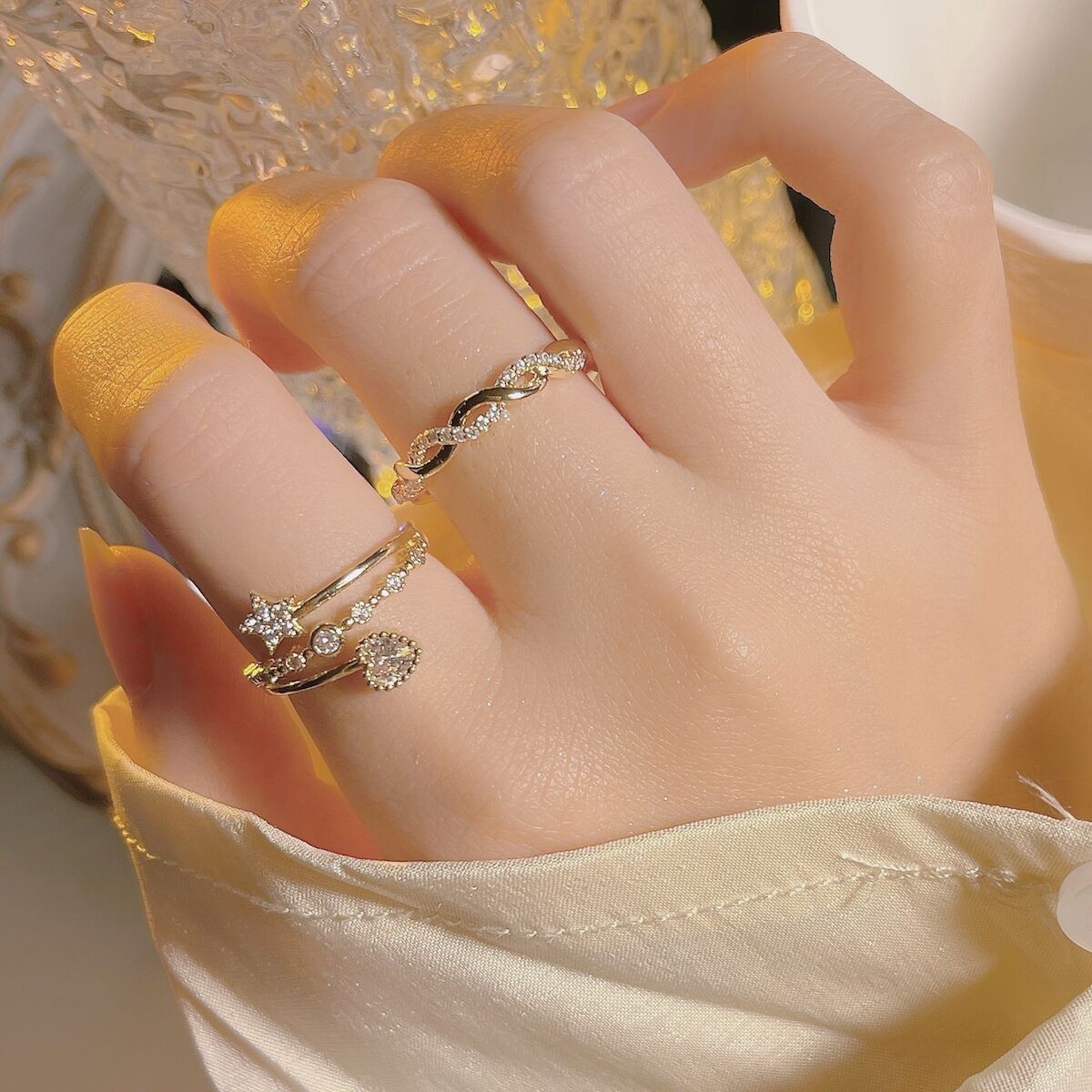 2pc Heart & Star Ring For Women, Fashion Light Luxury, Niche Unique INS Style, Trendy Open High-End Index Finger Ring