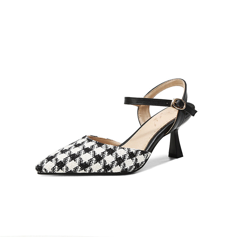 32-48 pointed-toe high heels with checkered back and an empty loop, women's sandals H490