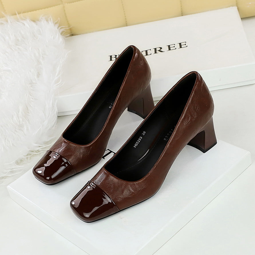 5293 style women's shoes: thick heel, middle heel, shallow opening, square toe, versatile for banquets, single shoes for women