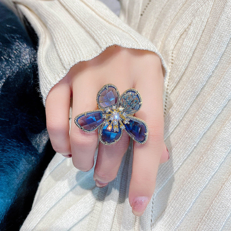 1pc Exaggerated Crystal Flower Ring For Women, Stylish Open Ring, Unique Design Trend Index Finger Ring