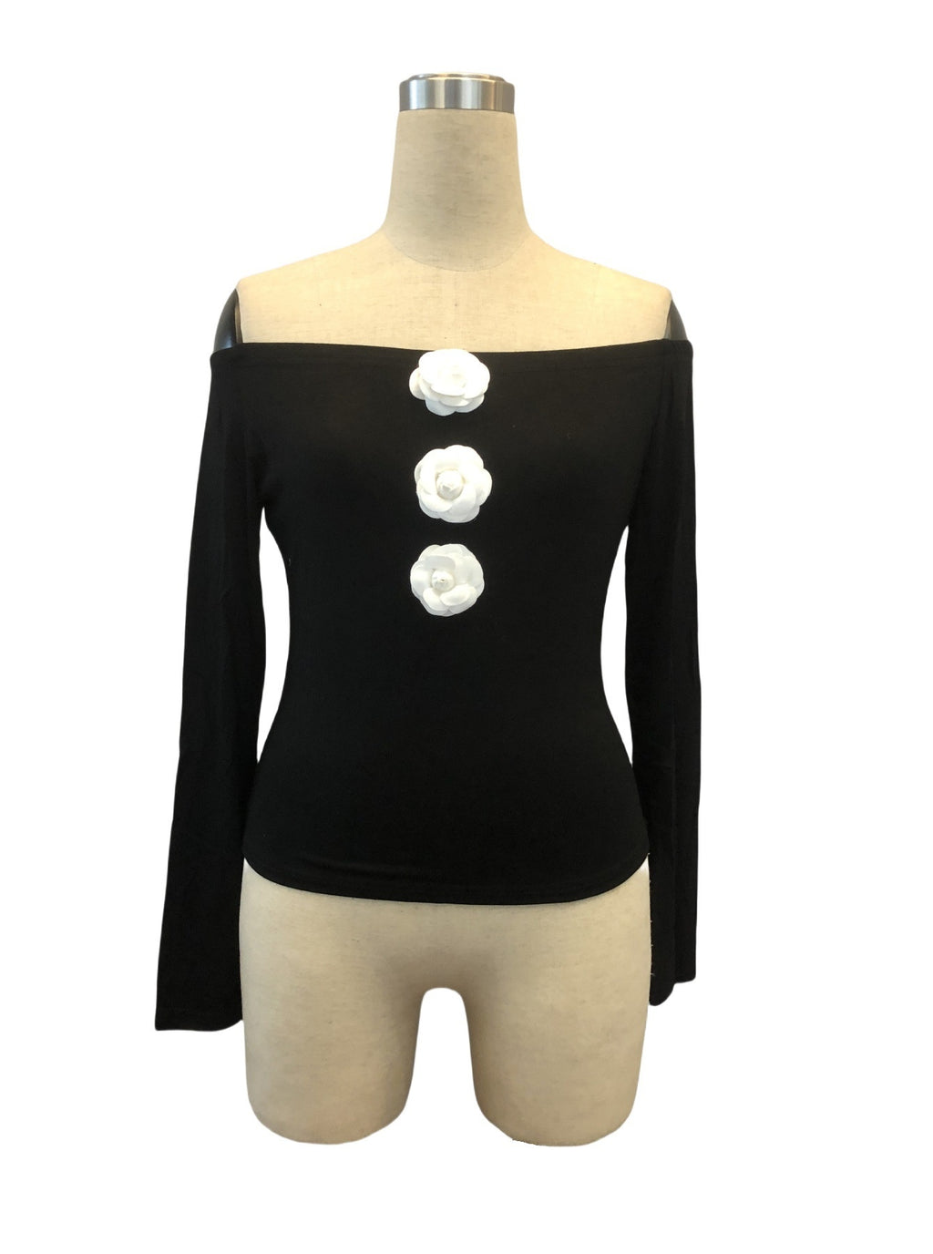 3D Floral Off-the-shoulder Off-neck Slim-fit Long-sleeved T-shirt