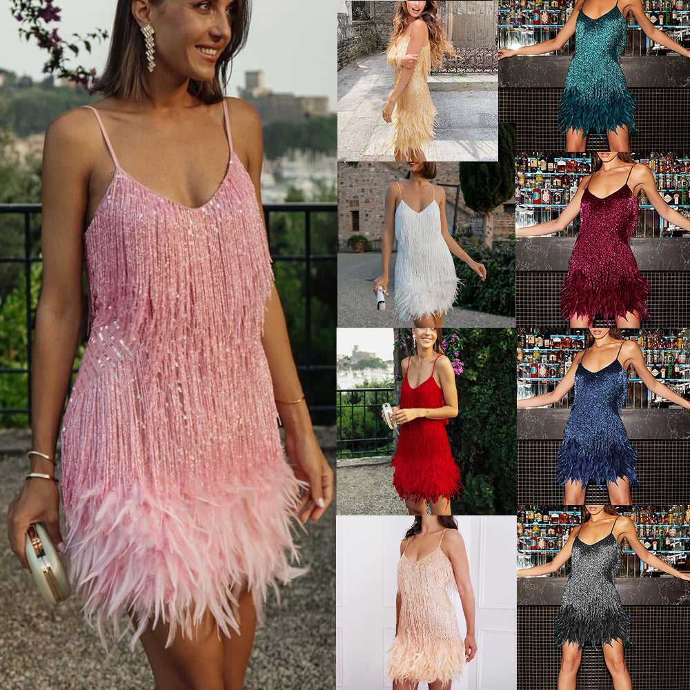 2025 Cross-border Women's Clothing European and American Tassel Feather Bead Dinner Dress Sexy V-neck Sling dress Summer