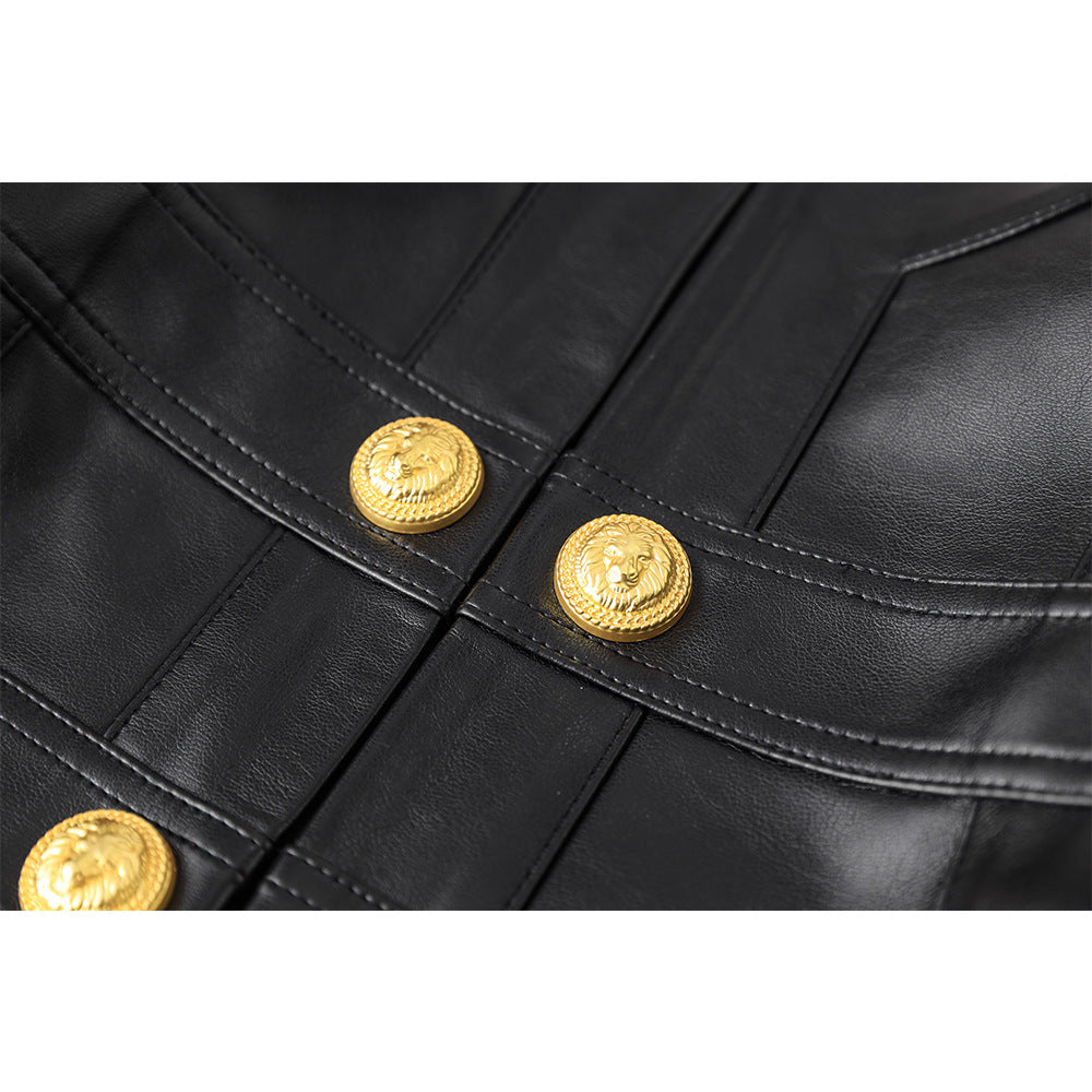 2023 Europe and the United States cross-border PU leather splicing small round neck shoulder pad cardigan high street wind small coat top temperament small jacket