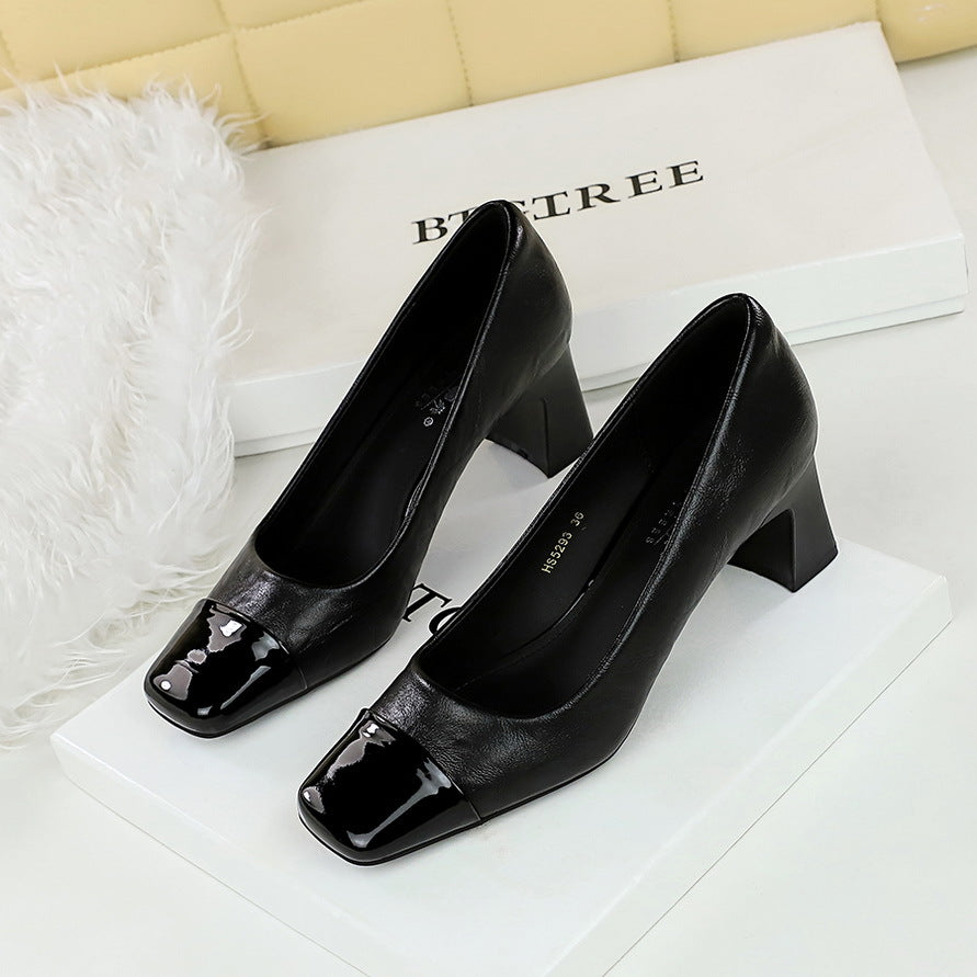 5293 style women's shoes: thick heel, middle heel, shallow opening, square toe, versatile for banquets, single shoes for women