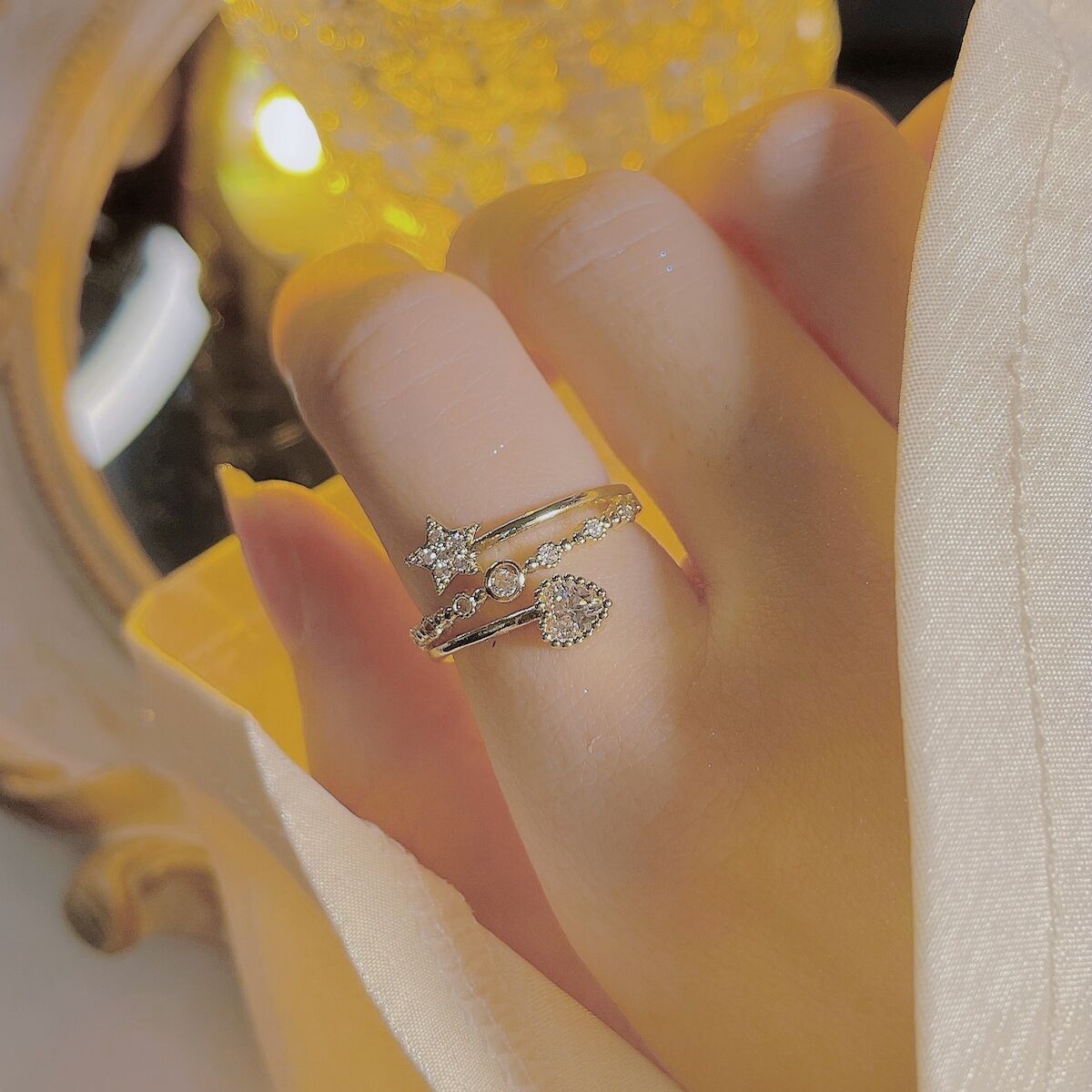 2pc Heart & Star Ring For Women, Fashion Light Luxury, Niche Unique INS Style, Trendy Open High-End Index Finger Ring