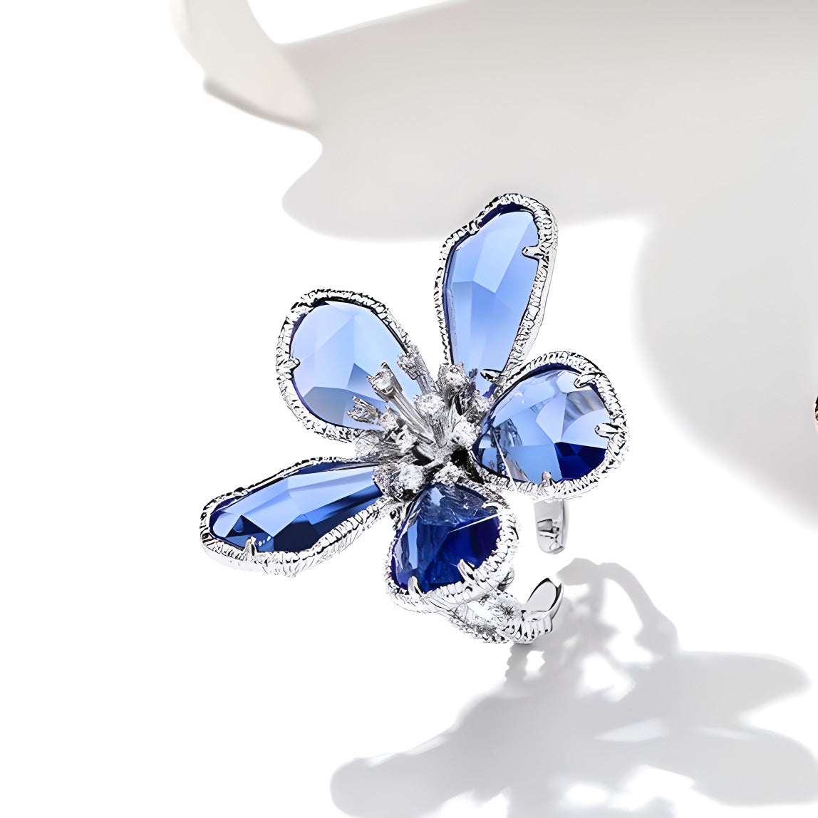 1pc Exaggerated Crystal Flower Ring For Women, Stylish Open Ring, Unique Design Trend Index Finger Ring