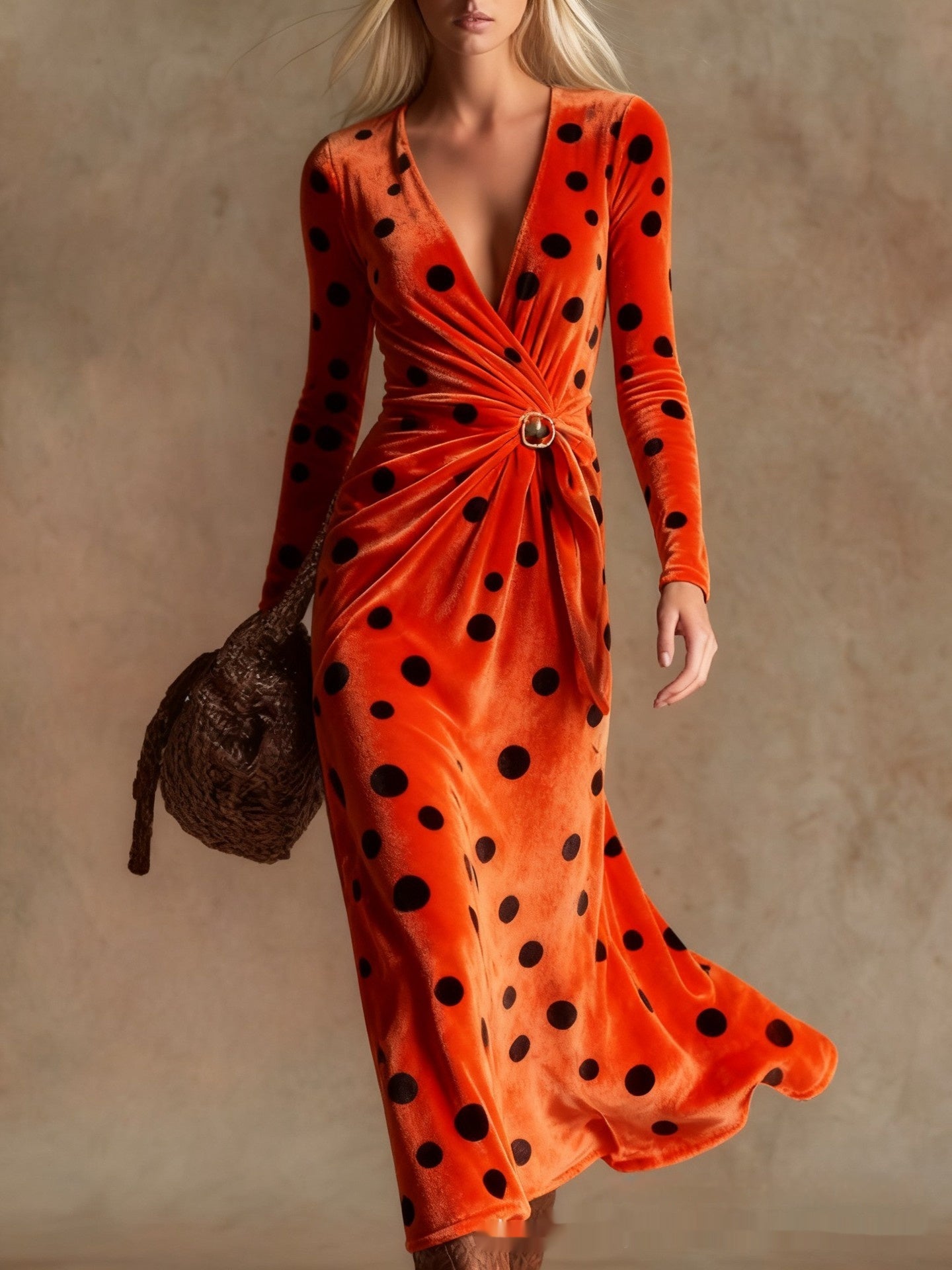 3D Geometric Line Pattern V-Neck Long-Sleeve Womens Dress