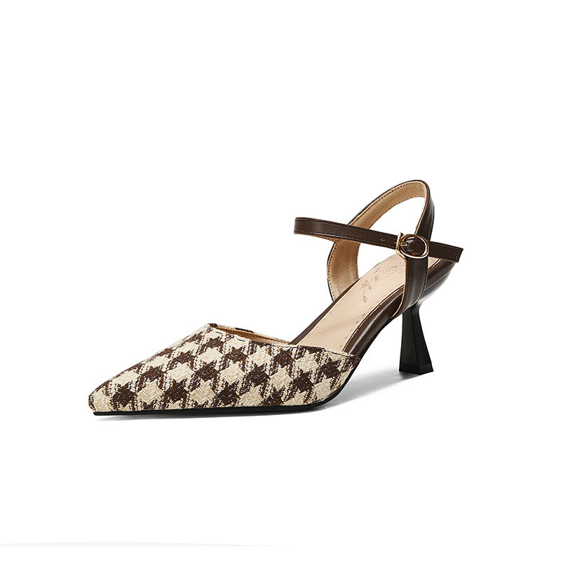 32-48 pointed-toe high heels with checkered back and an empty loop, women's sandals H490