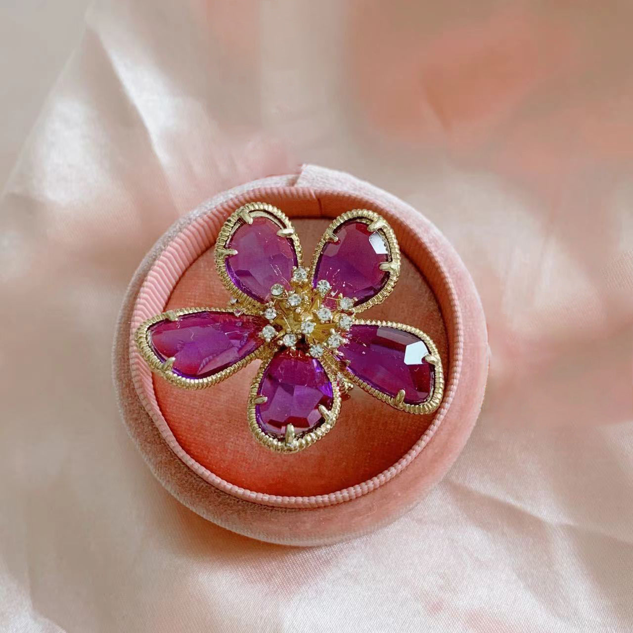 1pc Exaggerated Crystal Flower Ring For Women, Stylish Open Ring, Unique Design Trend Index Finger Ring