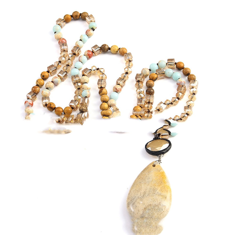 6mm Natural Stone Glass Knotted Necklace Sweater Chain