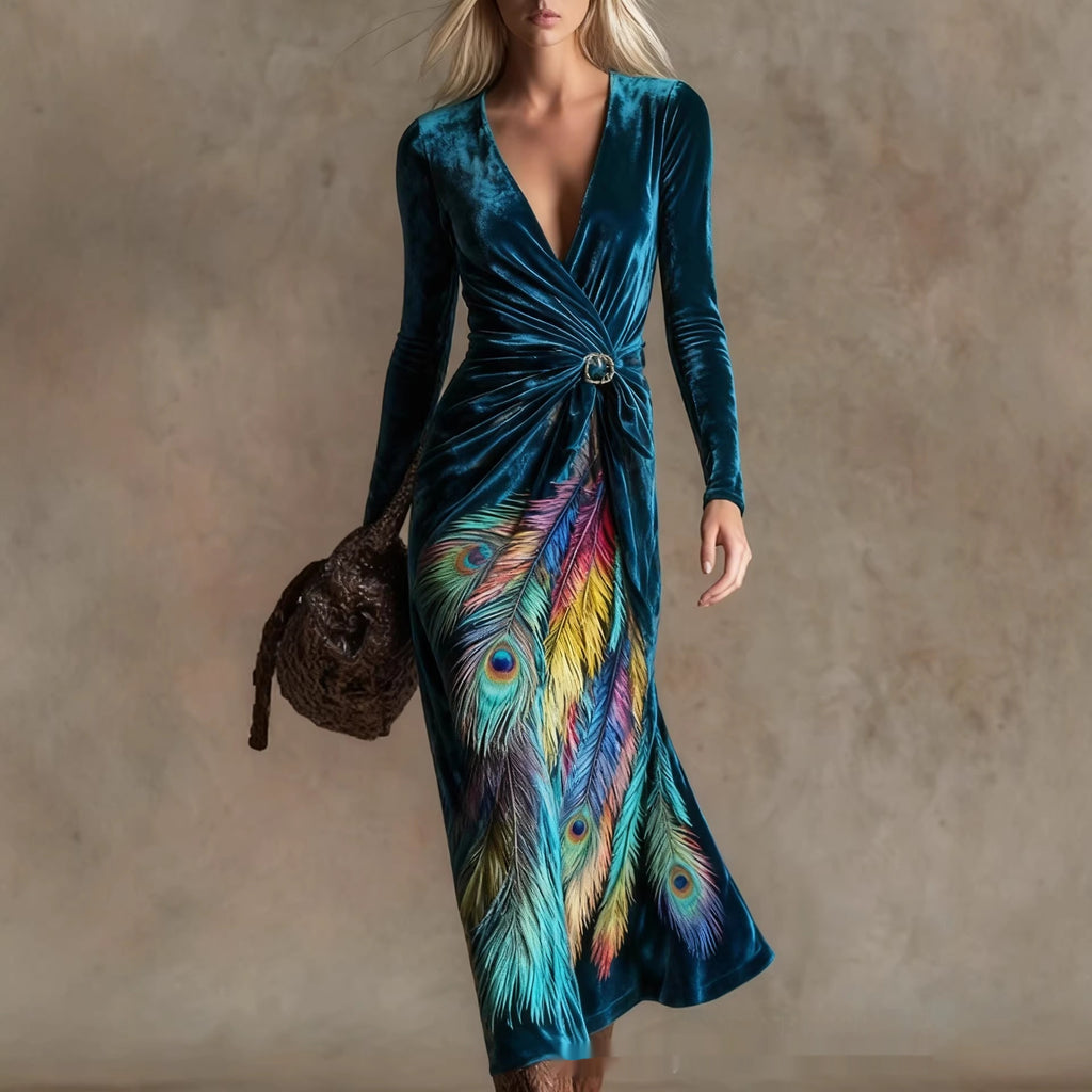 3D Geometric Line Pattern V-Neck Long-Sleeve Womens Dress