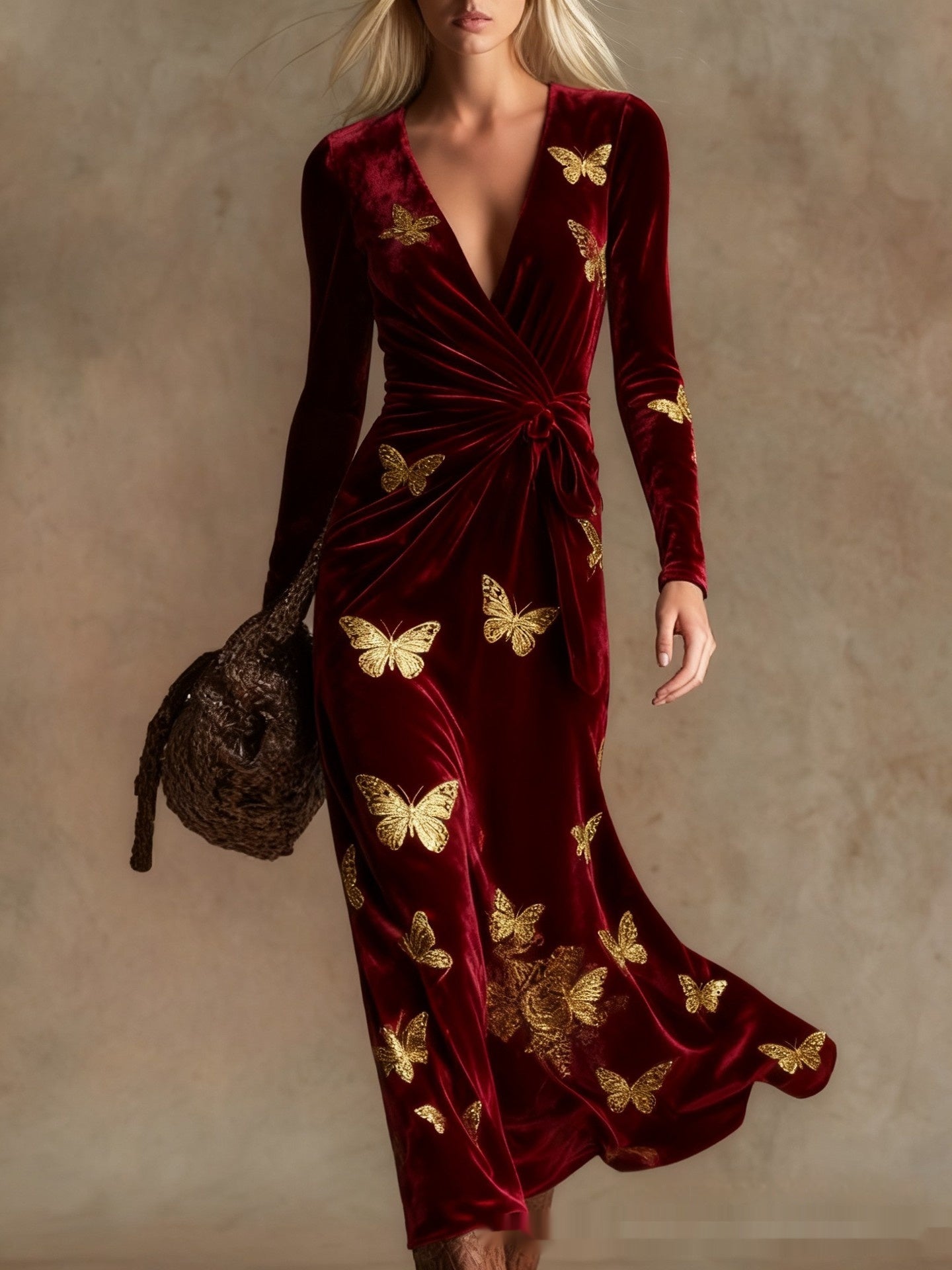 3D Geometric Line Pattern V-Neck Long-Sleeve Womens Dress