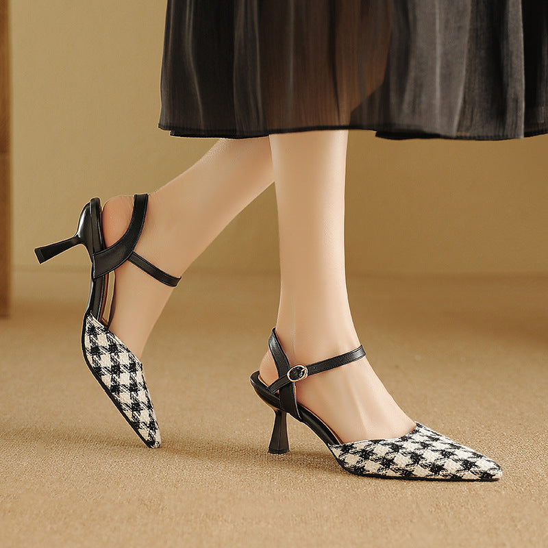 32-48 pointed-toe high heels with checkered back and an empty loop, women's sandals H490
