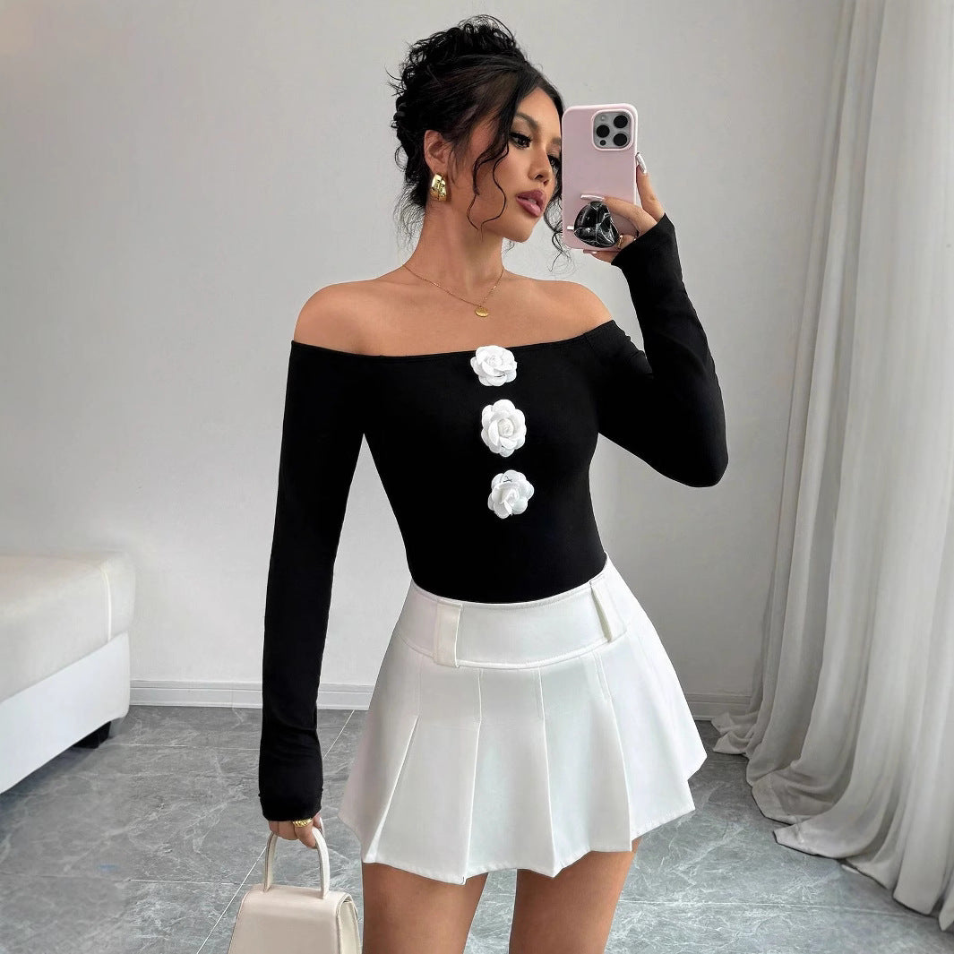 3D Floral Off-the-shoulder Off-neck Slim-fit Long-sleeved T-shirt