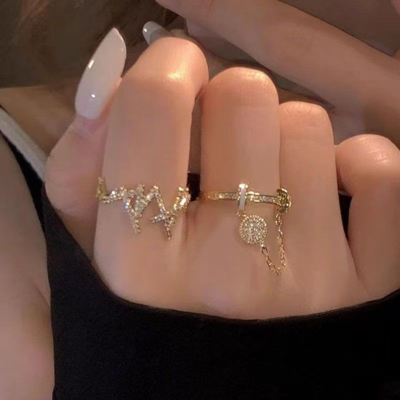 2pc Heart & Star Ring For Women, Fashion Light Luxury, Niche Unique INS Style, Trendy Open High-End Index Finger Ring