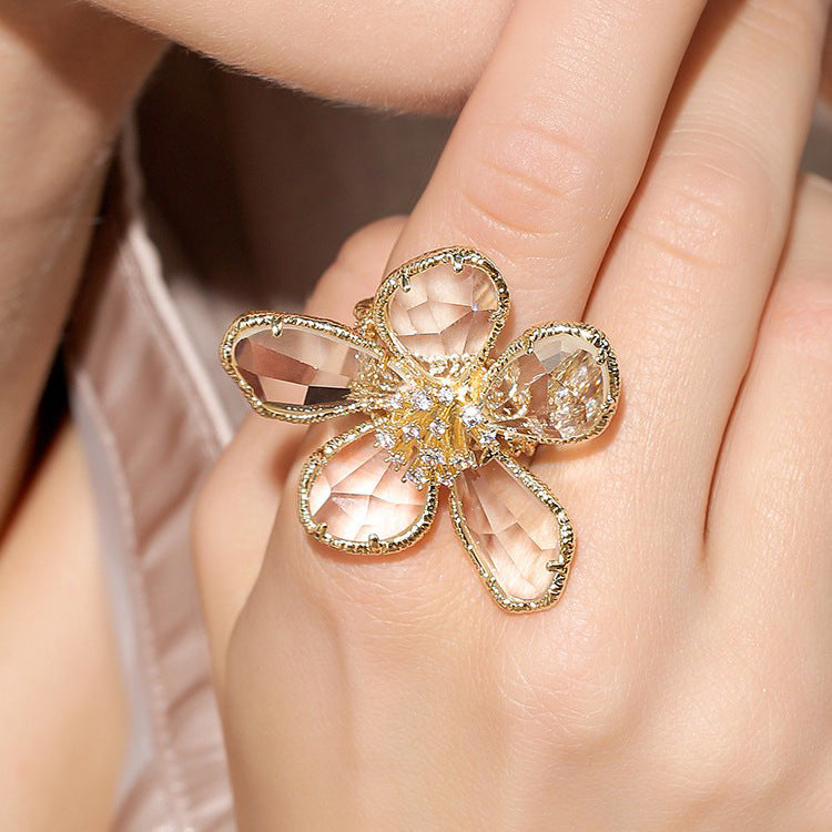 1pc Exaggerated Crystal Flower Ring For Women, Stylish Open Ring, Unique Design Trend Index Finger Ring