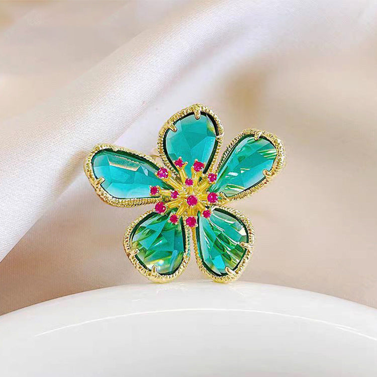 1pc Exaggerated Crystal Flower Ring For Women, Stylish Open Ring, Unique Design Trend Index Finger Ring