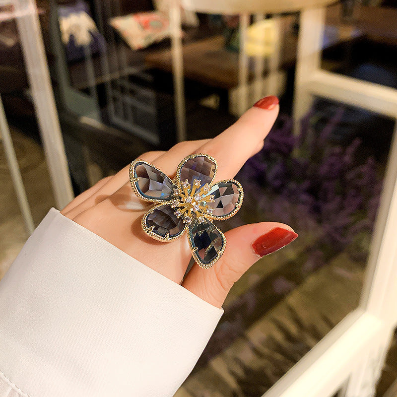 1pc Exaggerated Crystal Flower Ring For Women, Stylish Open Ring, Unique Design Trend Index Finger Ring